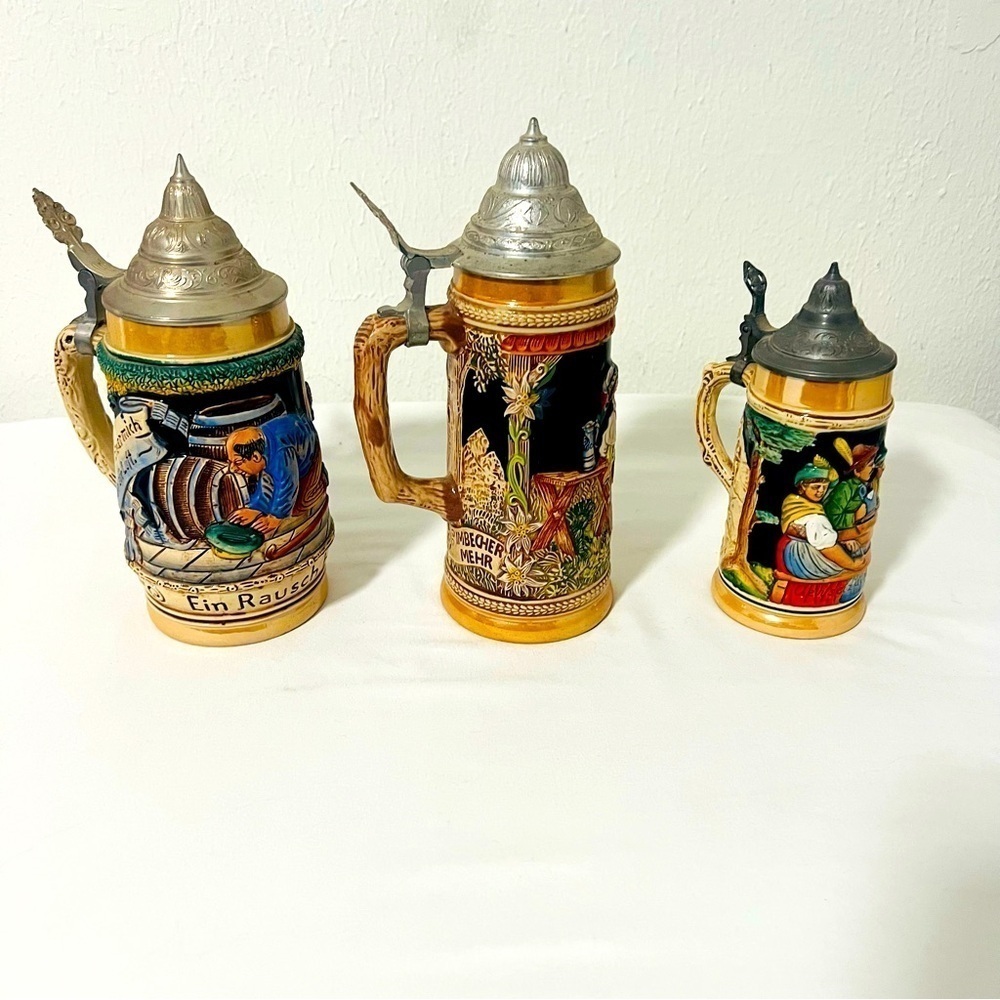 Vintage Lot of (3) Germany Beer Steins With Metal Lid Mugs Made in Germany EUC